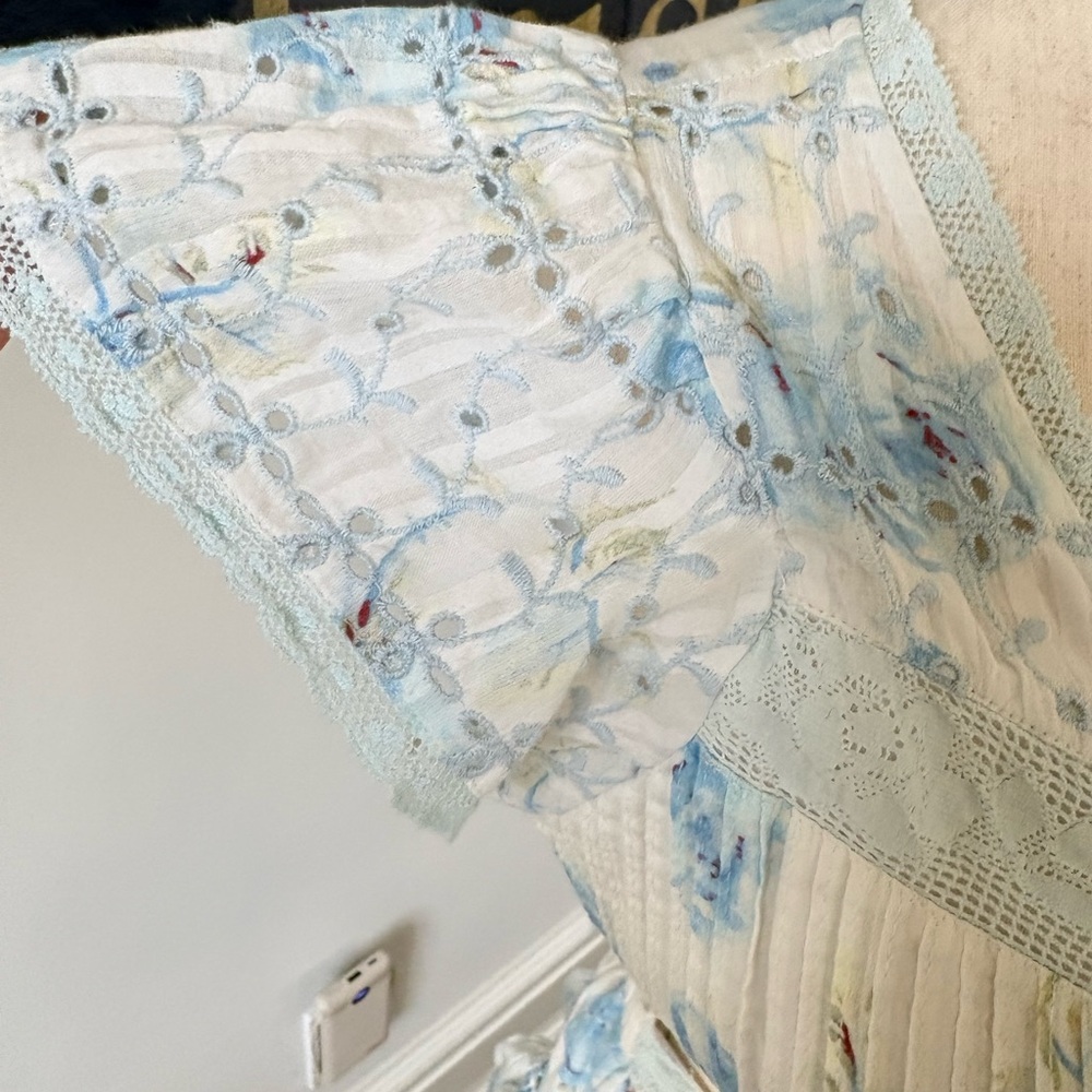 LoveShackFancy Light Blue Floral Ruffle Cutout Mini Dress - Picture 5 of 9